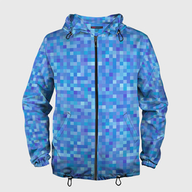 Мужская ветровка 3D с принтом Голубая пиксель абстракция в Белгороде, 100% полиэстер | подол и капюшон оформлены резинкой с фиксаторами, два кармана без застежек по бокам, один потайной карман на груди | pixel | pixel art | абстракция | пиксели | пиксель арт | пиксельный | синий