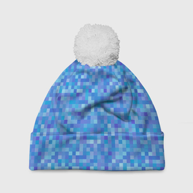 Шапка 3D c помпоном с принтом Голубая пиксель абстракция в Екатеринбурге, 100% полиэстер | универсальный размер, печать по всей поверхности изделия | pixel | pixel art | абстракция | пиксели | пиксель арт | пиксельный | синий