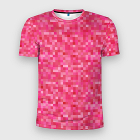 Мужская футболка 3D Slim с принтом Цикламеновая пиксельная абстракция в Екатеринбурге, 100% полиэстер с улучшенными характеристиками | приталенный силуэт, круглая горловина, широкие плечи, сужается к линии бедра | pixel | pixel art | абстракция | красный | пиксели | пиксель | пиксель арт | пиксельный | розовый | цикламен