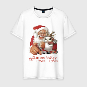 Мужская футболка хлопок с принтом А ты, готов встречать праздник в Тюмени, 100% хлопок | прямой крой, круглый вырез горловины, длина до линии бедер, слегка спущенное плечо. | deer | holiday | horns | new year | santa klaus | дед мороз | новый год | олень | праздник | рога
