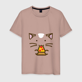 Мужская футболка хлопок с принтом Кот ест пиццу , 100% хлопок | прямой крой, круглый вырез горловины, длина до линии бедер, слегка спущенное плечо. | Тематика изображения на принте: еда | кот | мем | пицца | смешно
