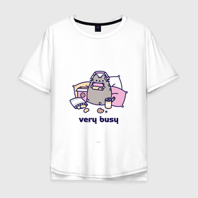 Мужская футболка хлопок Oversize с принтом Кот очень занят в Петрозаводске, 100% хлопок | свободный крой, круглый ворот, “спинка” длиннее передней части | cat | very busy | кот | наушники | очень занят | попкорн