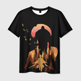 Мужская футболка 3D с принтом Леви и титан в Белгороде, 100% полиэфир | прямой крой, круглый вырез горловины, длина до линии бедер | акерман | атака титанов | звереподобный титан | леви | силуэт титана