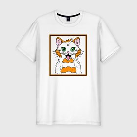 Мужская футболка хлопок Slim с принтом Кот с улыбкой в Екатеринбурге, 92% хлопок, 8% лайкра | приталенный силуэт, круглый вырез ворота, длина до линии бедра, короткий рукав | cat | kitten | kitty | pop cat | аниме котик | белый кот | глаза кота | голова кота | зеленые глаза | киска | кот | кот аниме | котенок | котик аниме | кошак | кошка | милый | мультяшный | мур | мяу | няшный | поп кот