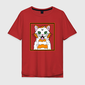 Мужская футболка хлопок Oversize с принтом Кот с улыбкой в Екатеринбурге, 100% хлопок | свободный крой, круглый ворот, “спинка” длиннее передней части | cat | kitten | kitty | pop cat | аниме котик | белый кот | глаза кота | голова кота | зеленые глаза | киска | кот | кот аниме | котенок | котик аниме | кошак | кошка | милый | мультяшный | мур | мяу | няшный | поп кот