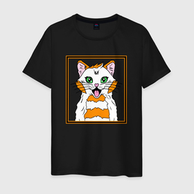 Мужская футболка хлопок с принтом Кот с улыбкой в Санкт-Петербурге, 100% хлопок | прямой крой, круглый вырез горловины, длина до линии бедер, слегка спущенное плечо. | cat | kitten | kitty | pop cat | аниме котик | белый кот | глаза кота | голова кота | зеленые глаза | киска | кот | кот аниме | котенок | котик аниме | кошак | кошка | милый | мультяшный | мур | мяу | няшный | поп кот
