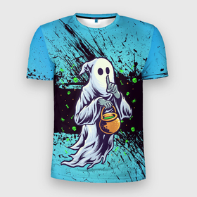 Мужская футболка 3D Slim с принтом Привидение в Белгороде, 100% полиэстер с улучшенными характеристиками | приталенный силуэт, круглая горловина, широкие плечи, сужается к линии бедра | halloween | арт | графика | мистика | праздник | тыква | ужасы | хэллоуин