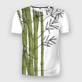 Мужская футболка 3D Slim с принтом Графический бамбук в Петрозаводске, 100% полиэстер с улучшенными характеристиками | приталенный силуэт, круглая горловина, широкие плечи, сужается к линии бедра | бамбук | ветки | деревья | диства | зеленый | лес | листья | природа