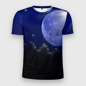 Мужская футболка 3D Slim с принтом Лунный лес в Белгороде, 100% полиэстер с улучшенными характеристиками | приталенный силуэт, круглая горловина, широкие плечи, сужается к линии бедра | moon | звёзды | космос | лес | луна | лунный лес | мрак | ночное небо | пейзаж | темнота