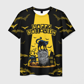 Мужская футболка 3D с принтом КОТ НА КЛАДБИЩЕ | ХЕЛЛОУИН в Новосибирске, 100% полиэфир | прямой крой, круглый вырез горловины, длина до линии бедер | cat cemetery | cats halloween | cemetery | halloween | haloween | кот | кот на хеллоуин | хеллоин | хеллоуин | хелоин | хелоуин | хэллоин | хэллоуин | хэлоин | хэлоуин | черный кот