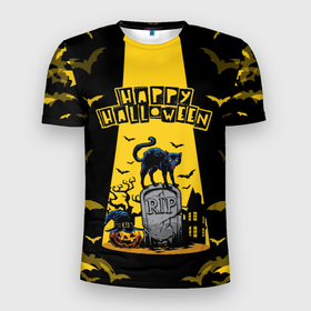 Мужская футболка 3D Slim с принтом КОТ НА КЛАДБИЩЕ | ХЕЛЛОУИН в Екатеринбурге, 100% полиэстер с улучшенными характеристиками | приталенный силуэт, круглая горловина, широкие плечи, сужается к линии бедра | cat cemetery | cats halloween | cemetery | halloween | haloween | кот | кот на хеллоуин | хеллоин | хеллоуин | хелоин | хелоуин | хэллоин | хэллоуин | хэлоин | хэлоуин | черный кот
