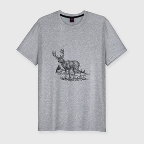 Мужская футболка хлопок Slim с принтом олень чб в Новосибирске, 92% хлопок, 8% лайкра | приталенный силуэт, круглый вырез ворота, длина до линии бедра, короткий рукав | animal | animals | antlers | blue | bow hunting | buck | deer | elk | fire emblem | forest | golden deer | hunter | hunting | moose | nature | outdoors | skull | stag | trees | vintage | wild | wildlife | дика | животное | животные | милый | олень | охота