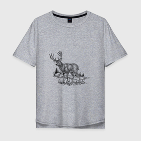 Мужская футболка хлопок Oversize с принтом олень чб в Новосибирске, 100% хлопок | свободный крой, круглый ворот, “спинка” длиннее передней части | Тематика изображения на принте: animal | animals | antlers | blue | bow hunting | buck | deer | elk | fire emblem | forest | golden deer | hunter | hunting | moose | nature | outdoors | skull | stag | trees | vintage | wild | wildlife | дика | животное | животные | милый | олень | охота