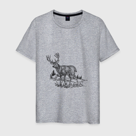 Мужская футболка хлопок с принтом олень чб в Новосибирске, 100% хлопок | прямой крой, круглый вырез горловины, длина до линии бедер, слегка спущенное плечо. | Тематика изображения на принте: animal | animals | antlers | blue | bow hunting | buck | deer | elk | fire emblem | forest | golden deer | hunter | hunting | moose | nature | outdoors | skull | stag | trees | vintage | wild | wildlife | дика | животное | животные | милый | олень | охота
