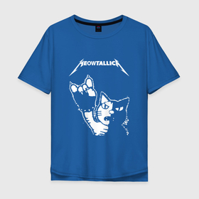 Мужская футболка хлопок Oversize с принтом MEOWTALLICA в Новосибирске, 100% хлопок | свободный крой, круглый ворот, “спинка” длиннее передней части | Тематика изображения на принте: cat | cat rock | cats | meow | meowtallica | rock | животное | животные | кот | кот мем | кот рок | котейка | котик | кошак | кошка | мем | мяуталлика | пальцы вверх | рок | рок н ролл