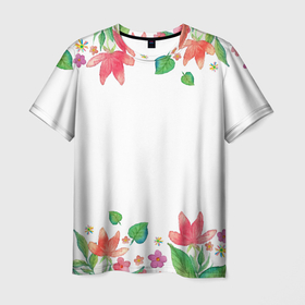 Мужская футболка 3D с принтом Рамка из розовых и зеленых листьев в Тюмени, 100% полиэфир | прямой крой, круглый вырез горловины, длина до линии бедер | лепесток | лето | листья | природа | флора | цветы