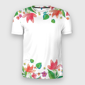 Мужская футболка 3D Slim с принтом Рамка из розовых и зеленых листьев в Тюмени, 100% полиэстер с улучшенными характеристиками | приталенный силуэт, круглая горловина, широкие плечи, сужается к линии бедра | лепесток | лето | листья | природа | флора | цветы