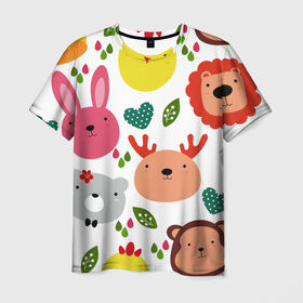 Мужская футболка 3D с принтом Головы милых животных , 100% полиэфир | прямой крой, круглый вырез горловины, длина до линии бедер | детские | животные | жираф | заяц | звери | лев | медведь | мультфильмы | олень | сердце