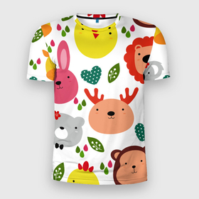 Мужская футболка 3D Slim с принтом Головы милых животных в Кировске, 100% полиэстер с улучшенными характеристиками | приталенный силуэт, круглая горловина, широкие плечи, сужается к линии бедра | детские | животные | жираф | заяц | звери | лев | медведь | мультфильмы | олень | сердце