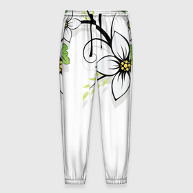 Мужские брюки 3D с принтом Цветочная композиция с бабочками в Екатеринбурге, 100% полиэстер | манжеты по низу, эластичный пояс регулируется шнурком, по бокам два кармана без застежек, внутренняя часть кармана из мелкой сетки | бабочка | ветка | лист | природа | узор | цветы