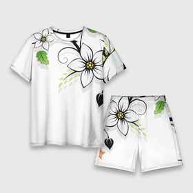 Мужской костюм с шортами 3D с принтом Цветочная композиция с бабочками в Курске,  |  | бабочка | ветка | лист | природа | узор | цветы