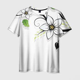 Мужская футболка 3D с принтом Цветочная композиция с бабочками , 100% полиэфир | прямой крой, круглый вырез горловины, длина до линии бедер | Тематика изображения на принте: бабочка | ветка | лист | природа | узор | цветы