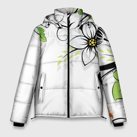 Мужская зимняя куртка 3D с принтом Цветочная композиция с бабочками в Новосибирске, верх — 100% полиэстер; подкладка — 100% полиэстер; утеплитель — 100% полиэстер | длина ниже бедра, свободный силуэт Оверсайз. Есть воротник-стойка, отстегивающийся капюшон и ветрозащитная планка. 

Боковые карманы с листочкой на кнопках и внутренний карман на молнии. | бабочка | ветка | лист | природа | узор | цветы