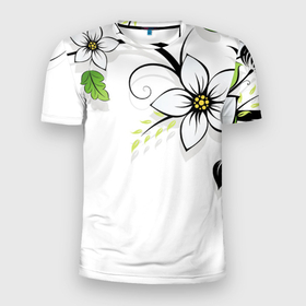 Мужская футболка 3D Slim с принтом Цветочная композиция с бабочками , 100% полиэстер с улучшенными характеристиками | приталенный силуэт, круглая горловина, широкие плечи, сужается к линии бедра | бабочка | ветка | лист | природа | узор | цветы