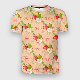 Мужская футболка 3D Slim с принтом Яблоки паттерн в Новосибирске, 100% полиэстер с улучшенными характеристиками | приталенный силуэт, круглая горловина, широкие плечи, сужается к линии бедра | Тематика изображения на принте: лето | огород | сад | фрукты | яблоки | яблочный сад