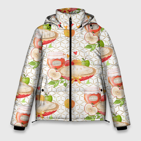 Мужская зимняя куртка 3D с принтом Яблочный пирог в Тюмени, верх — 100% полиэстер; подкладка — 100% полиэстер; утеплитель — 100% полиэстер | длина ниже бедра, свободный силуэт Оверсайз. Есть воротник-стойка, отстегивающийся капюшон и ветрозащитная планка. 

Боковые карманы с листочкой на кнопках и внутренний карман на молнии. | Тематика изображения на принте: лето | пирог | сад | фрукты | яблоки | яблоко | яблочки
