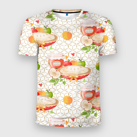 Мужская футболка 3D Slim с принтом Яблочный пирог в Тюмени, 100% полиэстер с улучшенными характеристиками | приталенный силуэт, круглая горловина, широкие плечи, сужается к линии бедра | лето | пирог | сад | фрукты | яблоки | яблоко | яблочки