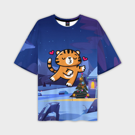 Мужская футболка OVERSIZE 3D с принтом Влюбленный тигренок с сердечками в Екатеринбурге,  |  | 2022 | год тигра | новый год | новый год 2022 | символ года | тигр | тигренок | тигрица | тигры