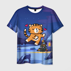 Мужская футболка 3D с принтом Влюбленный тигренок с сердечками , 100% полиэфир | прямой крой, круглый вырез горловины, длина до линии бедер | 2022 | год тигра | новый год | новый год 2022 | символ года | тигр | тигренок | тигрица | тигры