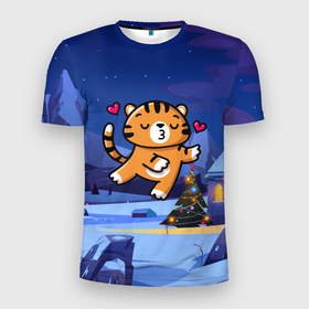 Мужская футболка 3D спортивная с принтом Влюбленный тигренок с сердечками в Петрозаводске, 100% полиэстер с улучшенными характеристиками | приталенный силуэт, круглая горловина, широкие плечи, сужается к линии бедра | 2022 | год тигра | новый год | новый год 2022 | символ года | тигр | тигренок | тигрица | тигры