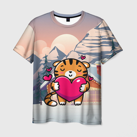 Мужская футболка 3D с принтом Тигренок   любовь в Санкт-Петербурге, 100% полиэфир | прямой крой, круглый вырез горловины, длина до линии бедер | 2022 | год тигра | новый год | новый год 2022 | символ года | тигр | тигренок | тигрица | тигры