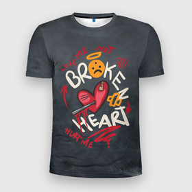 Мужская футболка 3D Slim с принтом Разбитое сердце LOVE в Петрозаводске, 100% полиэстер с улучшенными характеристиками | приталенный силуэт, круглая горловина, широкие плечи, сужается к линии бедра | измена | любовь | разбитое сердце | романтика | сердце