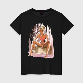 Женская футболка хлопок с принтом Девушка в майке в Екатеринбурге, 100% хлопок | прямой крой, круглый вырез горловины, длина до линии бедер, слегка спущенное плечо | 