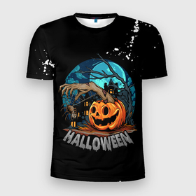 Мужская футболка 3D Slim с принтом Ужасная ночь в Белгороде, 100% полиэстер с улучшенными характеристиками | приталенный силуэт, круглая горловина, широкие плечи, сужается к линии бедра | halloween | арт | графика | мистика | паук | праздник | тыква | ужасы | хэллоуин