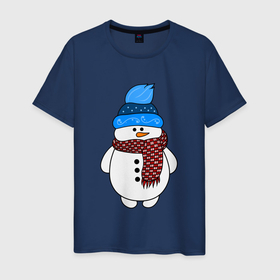Мужская футболка хлопок с принтом Снеговик в шапочке в Новосибирске, 100% хлопок | прямой крой, круглый вырез горловины, длина до линии бедер, слегка спущенное плечо. | christmas | happy new year | merry christmas | new year | snowman | winter | зима | новогодние рисунки | новый год | подарок | рождество | с новым годом | снеговик