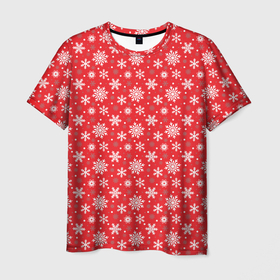 Мужская футболка 3D с принтом Снежинки (красный фон) в Тюмени, 100% полиэфир | прямой крой, круглый вырез горловины, длина до линии бедер | Тематика изображения на принте: merry christmas | дед мороз | ёлка | зима | мороз | новый год | подарок | праздник | рождество | с новым годом | сантаклаус | снег | снеговик | снегурочка | снежинки | снежные узоры | узоры