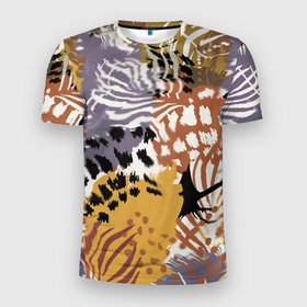 Мужская футболка 3D Slim с принтом Зебра Пятнистая в Кировске, 100% полиэстер с улучшенными характеристиками | приталенный силуэт, круглая горловина, широкие плечи, сужается к линии бедра | абстракция | африканский мотив | зебра | когти | тропики
