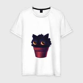 Мужская футболка хлопок с принтом Котенок в горшке в Тюмени, 100% хлопок | прямой крой, круглый вырез горловины, длина до линии бедер, слегка спущенное плечо. | catcus | горшок | катсус | кот кактус | котенок