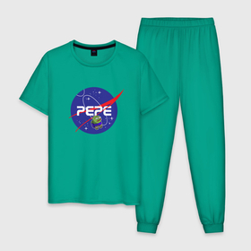 Мужская пижама хлопок с принтом Pepe   Pepe space   Nasa в Новосибирске, 100% хлопок | брюки и футболка прямого кроя, без карманов, на брюках мягкая резинка на поясе и по низу штанин
 | frog pepe | mem | meme | nasa | peepo | pepe | pepe space | spacex | лягушка пепе | лягушонок | лягушонок пепе | пепе спейс