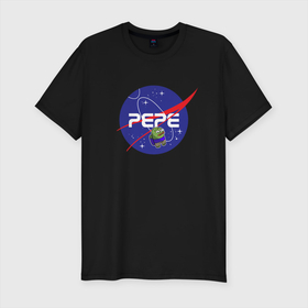 Мужская футболка хлопок Slim с принтом Pepe   Pepe space   Nasa в Тюмени, 92% хлопок, 8% лайкра | приталенный силуэт, круглый вырез ворота, длина до линии бедра, короткий рукав | frog pepe | mem | meme | nasa | peepo | pepe | pepe space | spacex | лягушка пепе | лягушонок | лягушонок пепе | пепе спейс