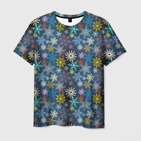Мужская футболка 3D с принтом Красочные Снежинки в Тюмени, 100% полиэфир | прямой крой, круглый вырез горловины, длина до линии бедер | merry christmas | дед мороз | ёлка | зима | мороз | новый год | подарок | праздник | рождество | с новым годом | сантаклаус | снег | снеговик | снегурочка | снежинки | снежные узоры | узоры