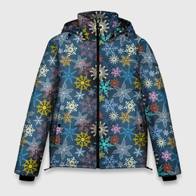 Мужская зимняя куртка 3D с принтом Красочные Снежинки в Тюмени, верх — 100% полиэстер; подкладка — 100% полиэстер; утеплитель — 100% полиэстер | длина ниже бедра, свободный силуэт Оверсайз. Есть воротник-стойка, отстегивающийся капюшон и ветрозащитная планка. 

Боковые карманы с листочкой на кнопках и внутренний карман на молнии. | merry christmas | дед мороз | ёлка | зима | мороз | новый год | подарок | праздник | рождество | с новым годом | сантаклаус | снег | снеговик | снегурочка | снежинки | снежные узоры | узоры