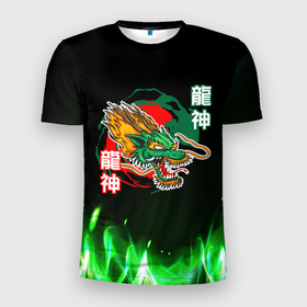 Мужская футболка 3D Slim с принтом Китайский огненный дракон в Новосибирске, 100% полиэстер с улучшенными характеристиками | приталенный силуэт, круглая горловина, широкие плечи, сужается к линии бедра | Тематика изображения на принте: dragon | japan | дракон | китай | китайский дракон | япония
