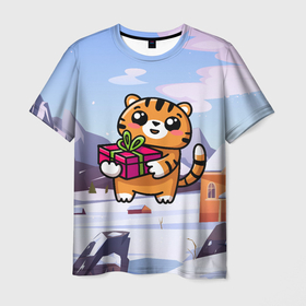 Мужская футболка 3D с принтом Новогодний тигренок с подарком в Курске, 100% полиэфир | прямой крой, круглый вырез горловины, длина до линии бедер | Тематика изображения на принте: 2022 | год тигра | новый год | новый год 2022 | символ года | тигр | тигренок | тигрица | тигры