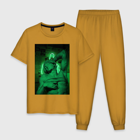 Мужская пижама хлопок с принтом Untitled в Кировске, 100% хлопок | брюки и футболка прямого кроя, без карманов, на брюках мягкая резинка на поясе и по низу штанин
 | зеленый фон | мужчина | неоновые лампы | огни | скульптура | современный стиль | статуя | уличный стиль