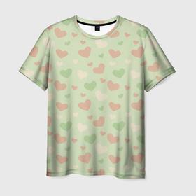 Мужская футболка 3D с принтом Сердечки на светло зеленом фоне в Новосибирске, 100% полиэфир | прямой крой, круглый вырез горловины, длина до линии бедер | hearts | love | valentines day | белый | день влюбленных | зеленый | красный | любовь | сердечки | сердце